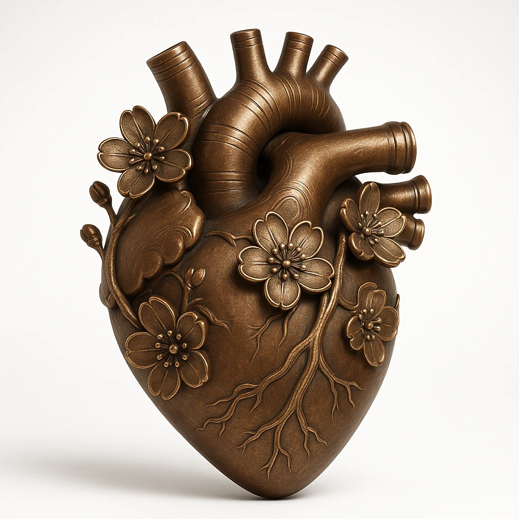 heart with sakura flowers and silver accents, bronze style emoji