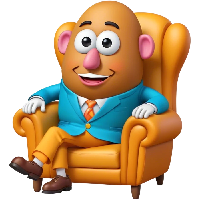 Create a 3D Pixar-style Mr. Potato Head character with a rounded, slightly uneven shape, expressive eyes, a wide smile, and cartoonish limbs, dressed in a colorful suit sitting in a chair emoji
