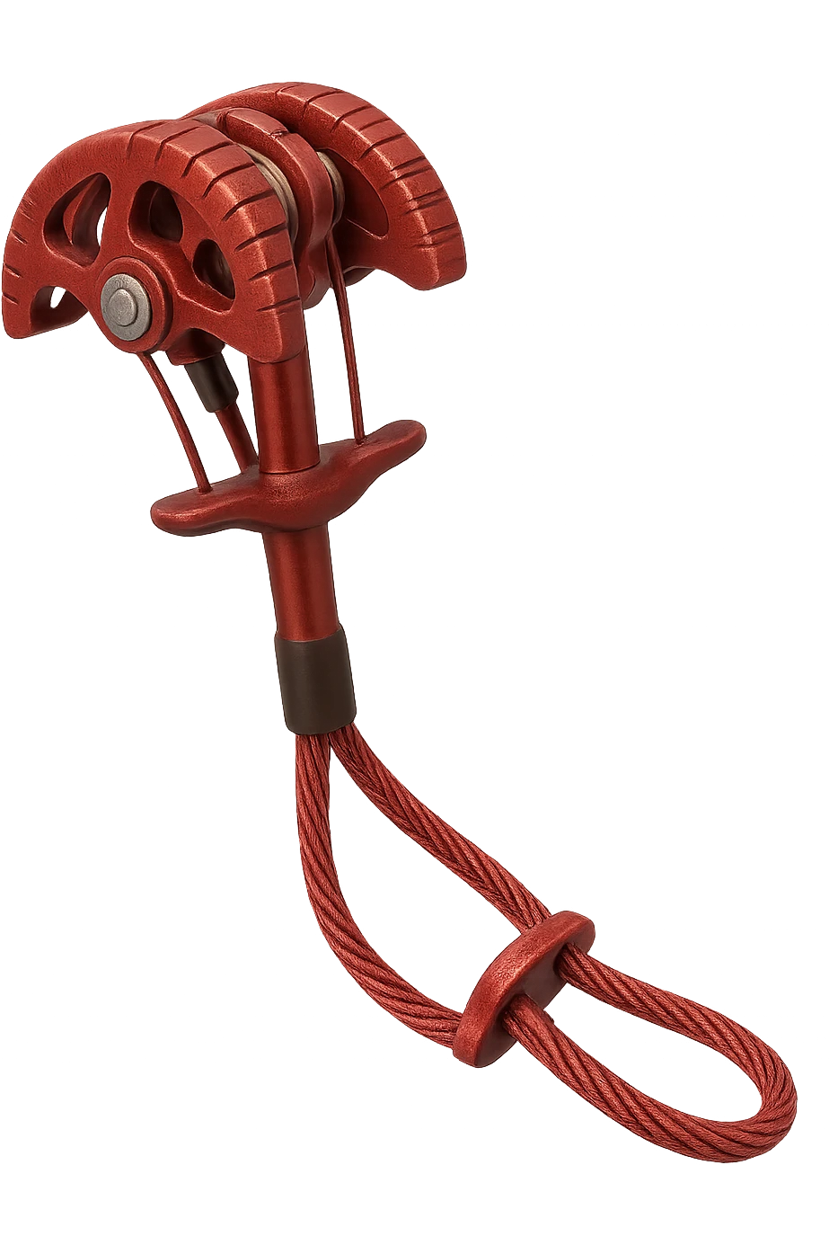 Trad climbing camming device in red, metallic, with lobes and a stem, isolated on transparent background, realistic metallic texture and details emoji