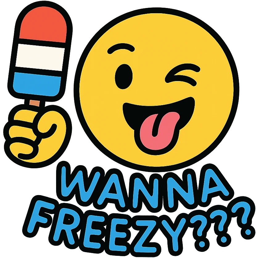 emoji character with a playful expression, holding a popsicle, with the text 'wanna freezy???' in a fun font, color outline style emoji