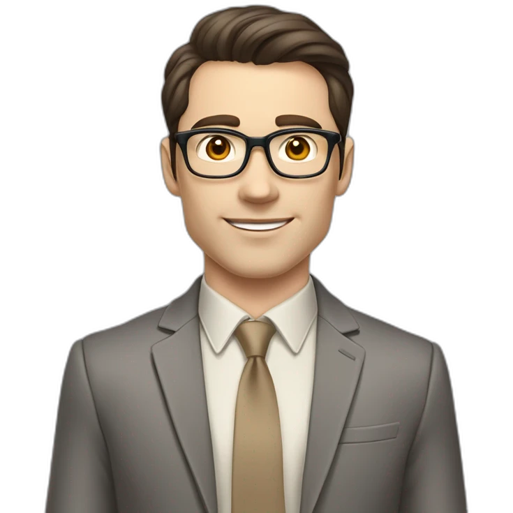 Pale skinned fit man with dark brown hair in gray jacket, beige office shirt, brown tie, brown pants and vintage glasses Writing on the marker board emoji