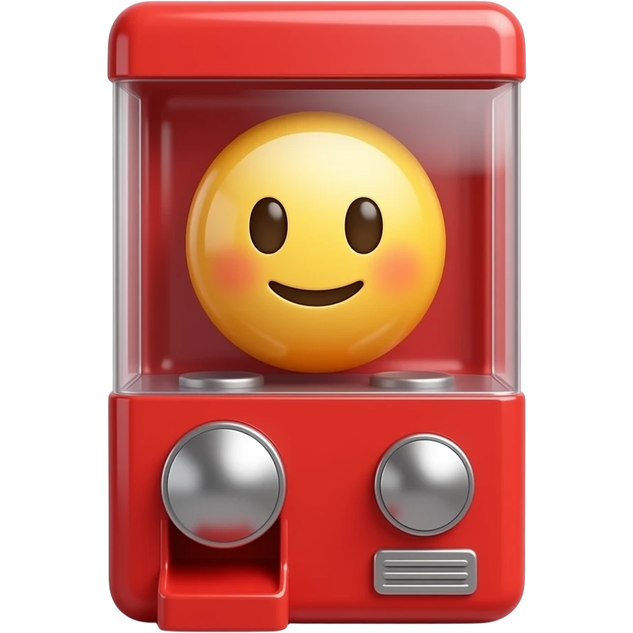 3D iOS emoji-style gashapon red machine, glossy plastic, minimal, front view, centered, soft lighting, light gray background emoji