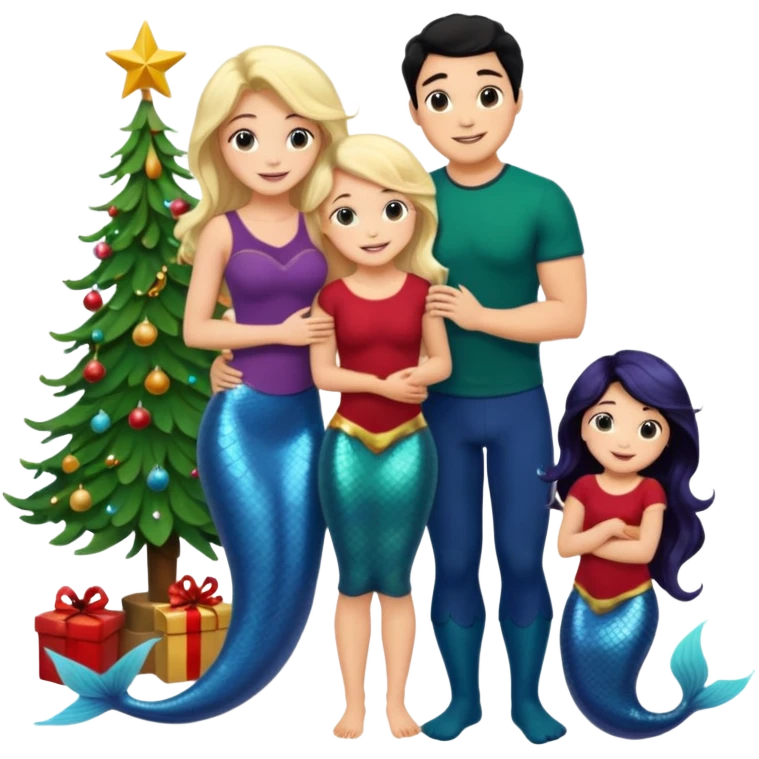 Generate Christmas-style emojis  family. Where light-skinned people stand near the tree all together, hugging and smiling.  girl should be Light-haired woman, mermaid woman, black-haired woman, and 1 man . Add 4 people: Mother, Sister, Sister, Brother  emoji