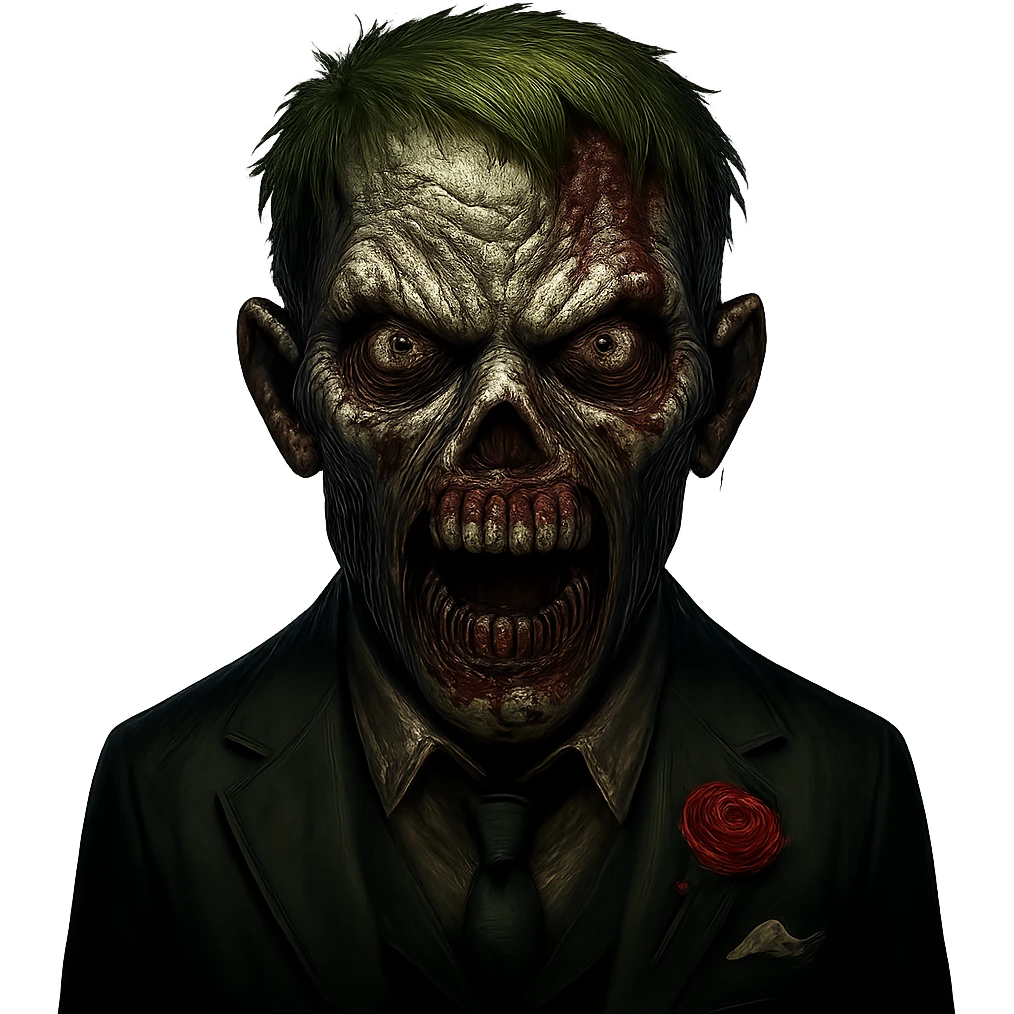 Make the zombie's face scarier while keeping the suit. Remove the background. The style should resemble a scary zombie character with detailed facial features and a frightening expression. emoji