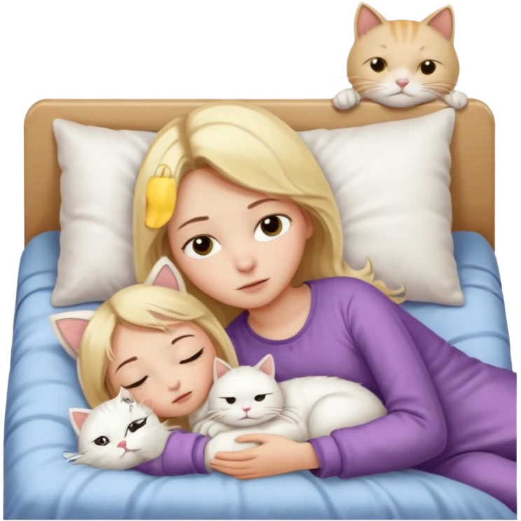 They recreate a photo of a blonde girl with light brown eyes, lying in bed sick with the flu, with her cat white nearby. emoji