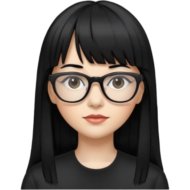 eu quero um icon de snapchat de uma mulher com o fundo branco, cor da pele normal, óculos pretos, cabelo preto liso grande com franja emoji