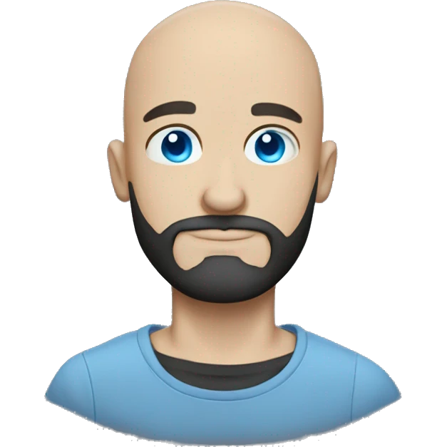 Bald guy, blue eyes, dark beard and a t-shirt with a skull on emoji