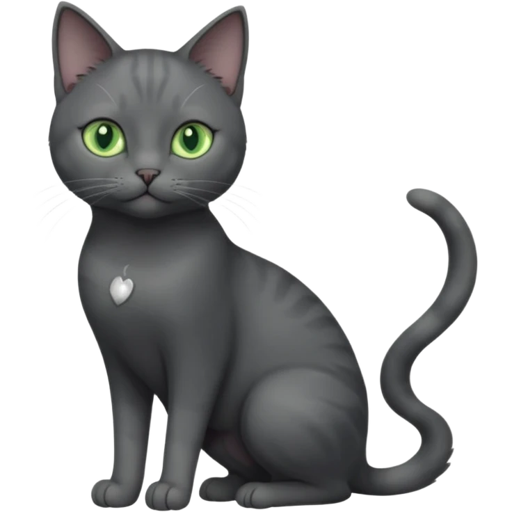 full body view of beautiful female solid dark grey cat with green eyes, grey face, white toes/paws and small white patch on her chest emoji