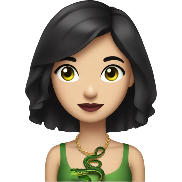 A girl with short black hair, bright green eyes and dark pink lips with a royal python in her hands emoji