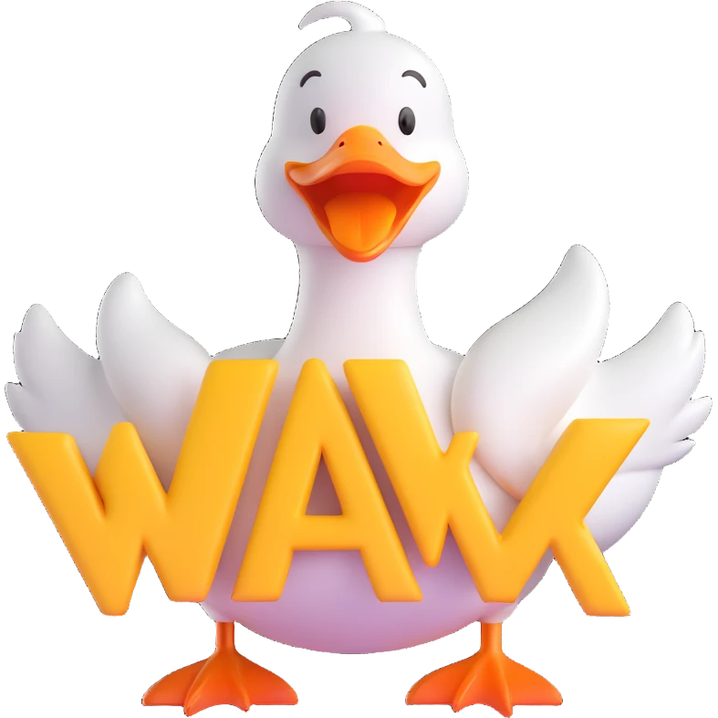 A cartoon-style duck with its beak open, shouting “WAK!” in big comic-style letters. The duck looks expressive and loud, with motion lines to show the sound. White background, bold and fun emoji