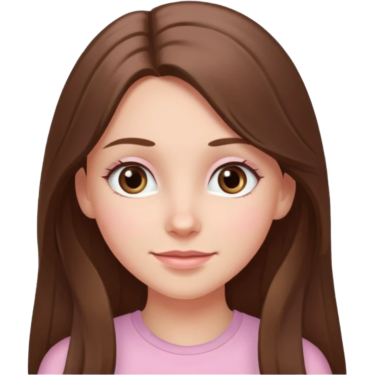 happy white long brunette hair girl with hazel eyes in light pink with a thought level emoji