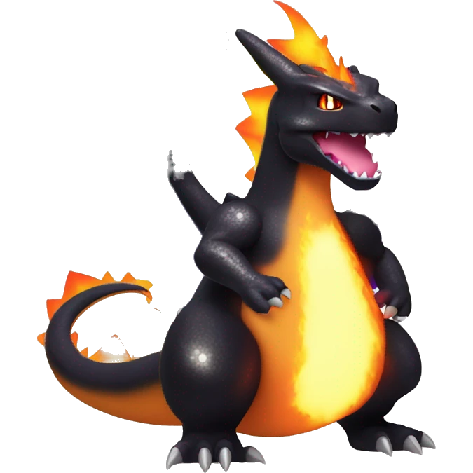 Black shiny sparkly Charizard-Fakémon with purple flame on tail emoji