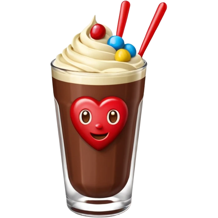 Un vaso cubierto de chocolate que arriba se vea crema batida varias fresas y mym emoji