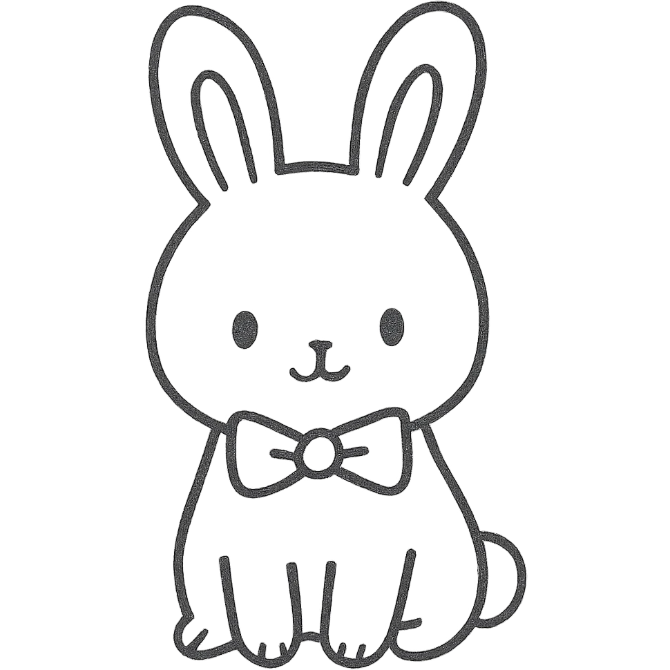 hand-drawn outlined sketch of a cute bunny with a bow tie, no color, simple lines, icon style emoji