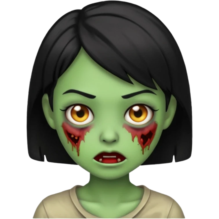 Emoji zombie girl verde com cabelo preto curto com uma expressão normal emoji
