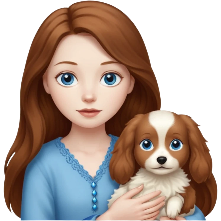 long hair chestnut color blue eyes woman holding small ivory dog emoji