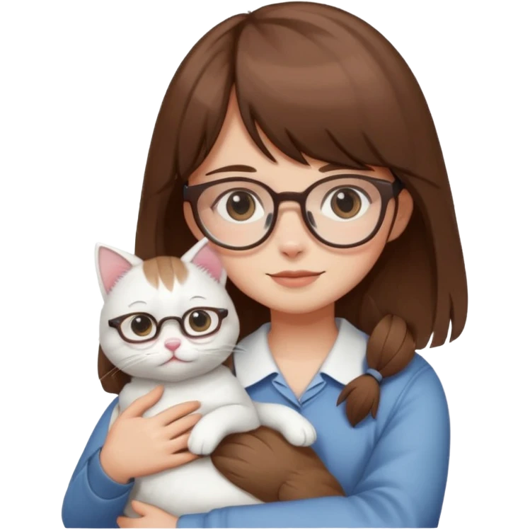 Cute girl brown hair have bangs and glasses hugging white cat emoji