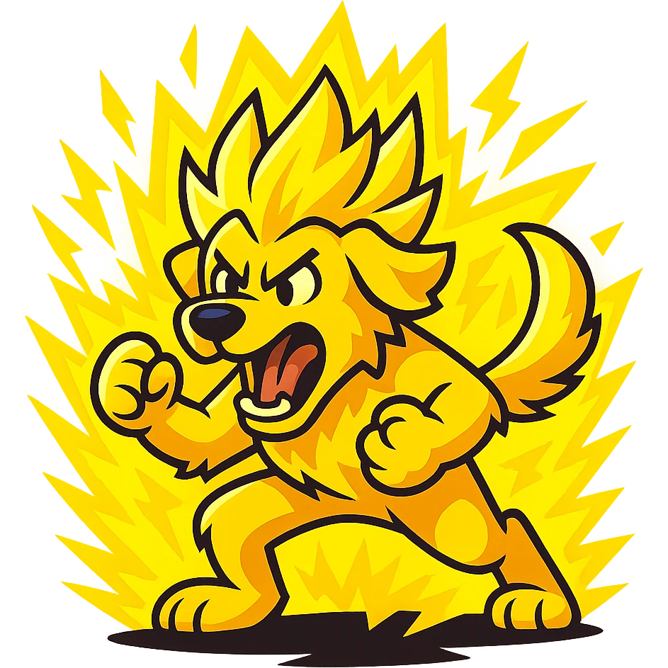 cartoon golden retriever, super saiyan transformation, intense energy, glowing yellow fur, action pose emoji
