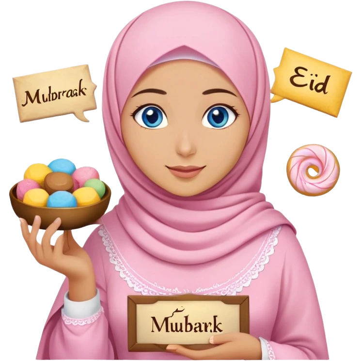 Turkish beautiful finish Konya girl blue eyes with powder pink yellow hijab islamic dress and had on her hand text Eid Mubarak with sweets and celebrating with her friends eid days   emoji