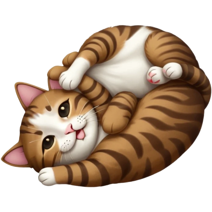 dark brown tabby and white small cat in funny positions upside down with eyes closed emoji
