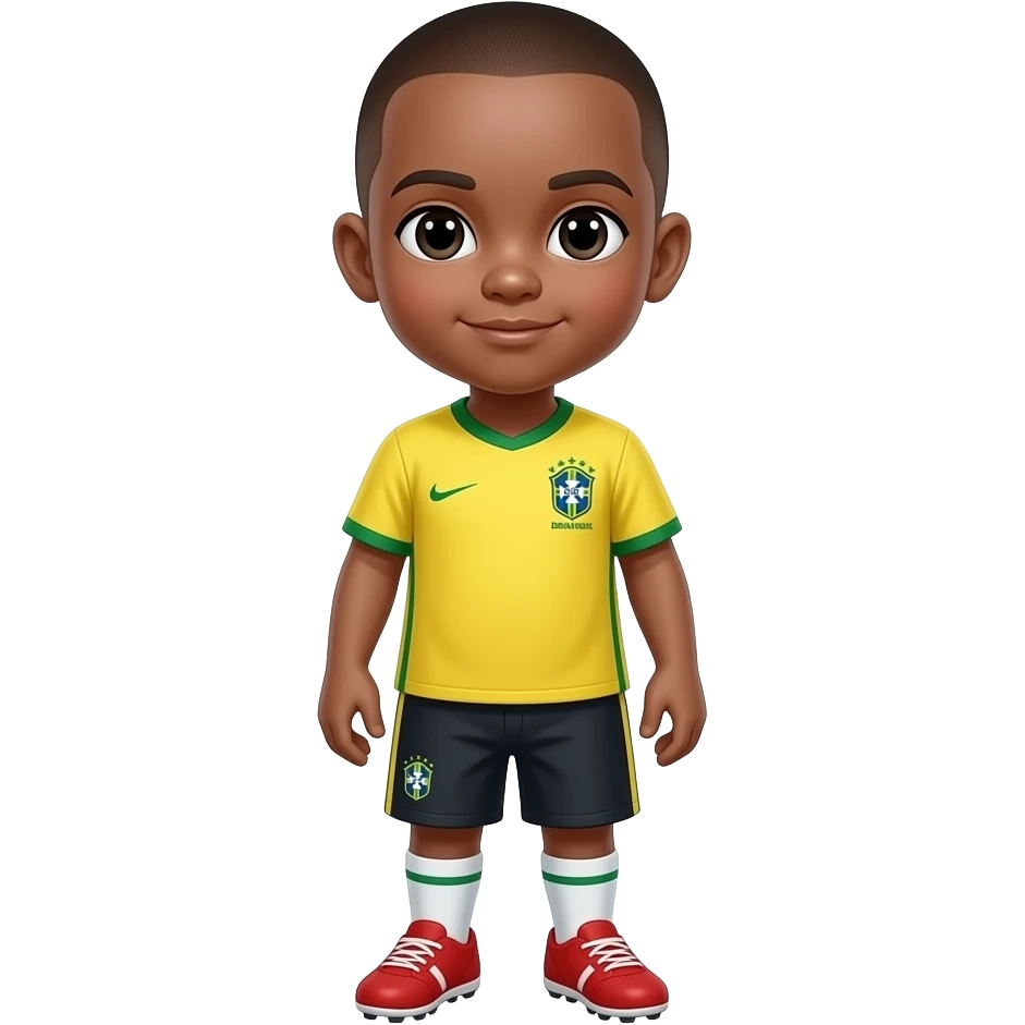 A WHITE  MINI LITTLE BOY WITH YELLOW BRAZIL JERSEY NO NUMBER   , PLAIN BLACK SHORTS  , WHITE SOCKS AND RED CLEATS MAKE HIM HAVE A BUZZ CUT BLACK EYE emoji