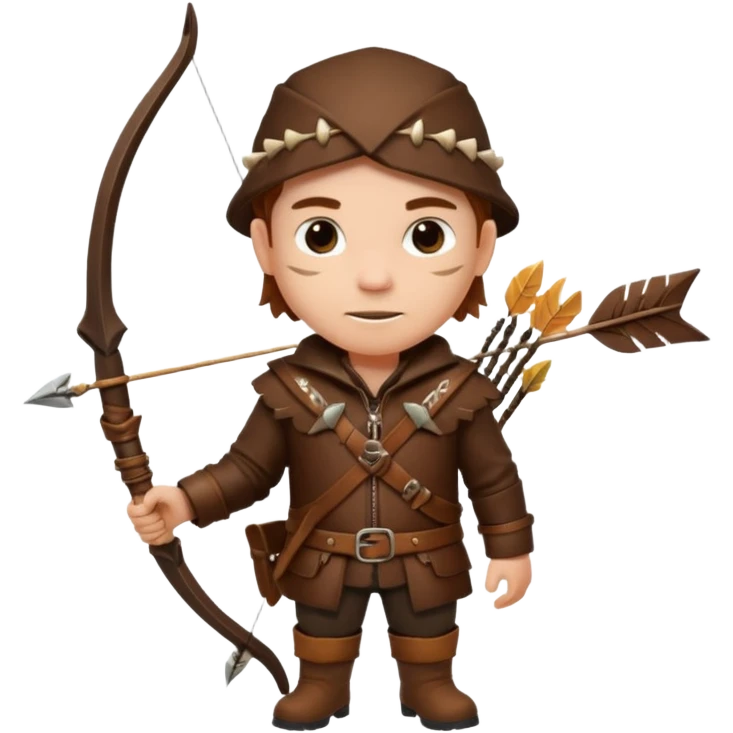 The classic hunter figure with a bow and arrow on his back, dressed in brown clothes and adorned with animal decorations emoji