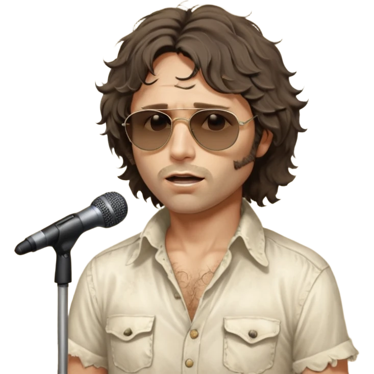 cinematic realistic - messy, shaggy aged Jim Morrison in an ivory Victorian shirt, singing in a trance on stage, wearing Ray Ban sunglasses emoji