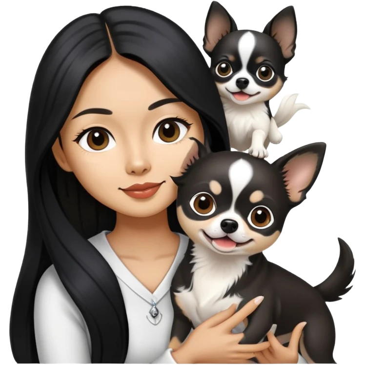Thai woman with flowing black hair playing with a black and white Chihuahua dog emoji