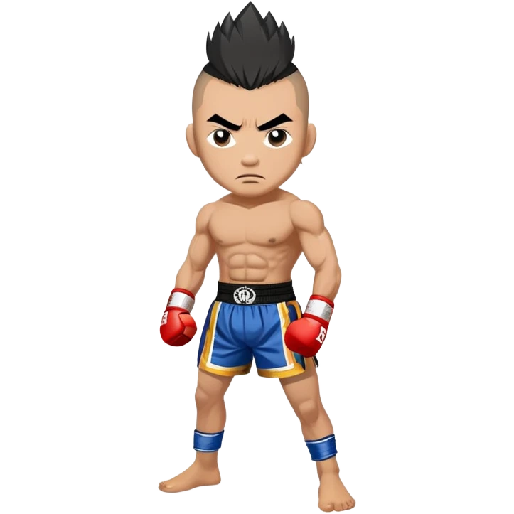 Rodtang Jitmuangnon the Iron Man, fierce Muay Thai fighter with mohawk hairstyle, intense expression, muscular build, wearing mongkhon headband and traditional Muay Thai shorts emoji