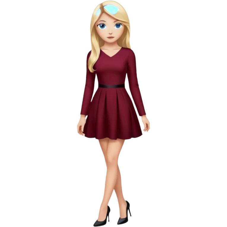 Chica rubia, ojos azules, vestido granate sexy cuerpo entero pelo largo manga larga zapatos negros tacon emoji