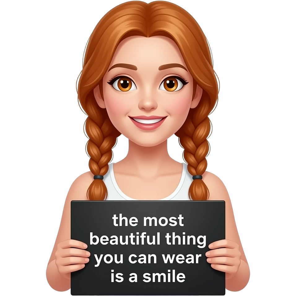 sexy girl with long ginger braids and ginger eyes wearing a white tanktop is holding a black sign with DAS SCHÖNSTE was DU tragen kannst ist ein LÄCHELN written on it emoji