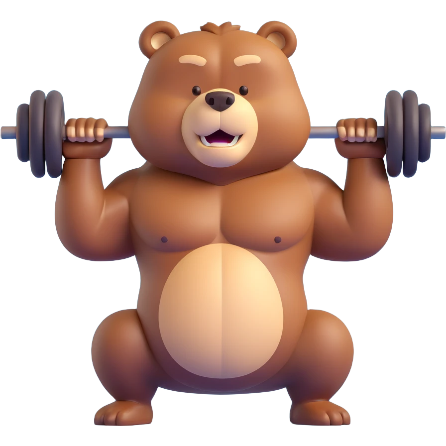 cartoonish brawny brown bear mid-squat, showing strength fitness emoji