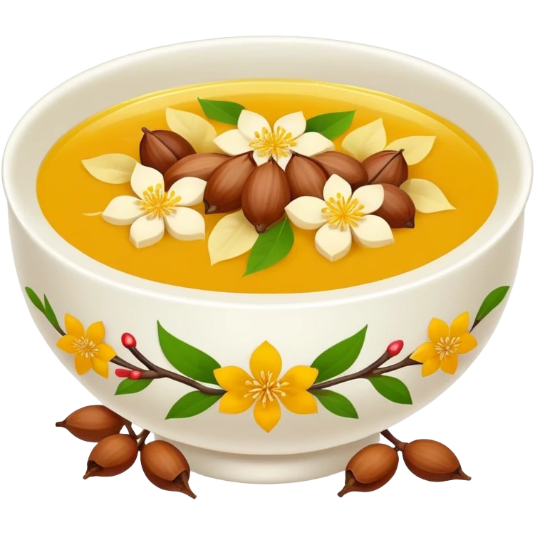 Hangzhou Osmanthus Cassia Soup with chestnuts and flower petals, simplified emoji style with bold outlines and bright colors, cartoon style fragrant dessert bowl emoji