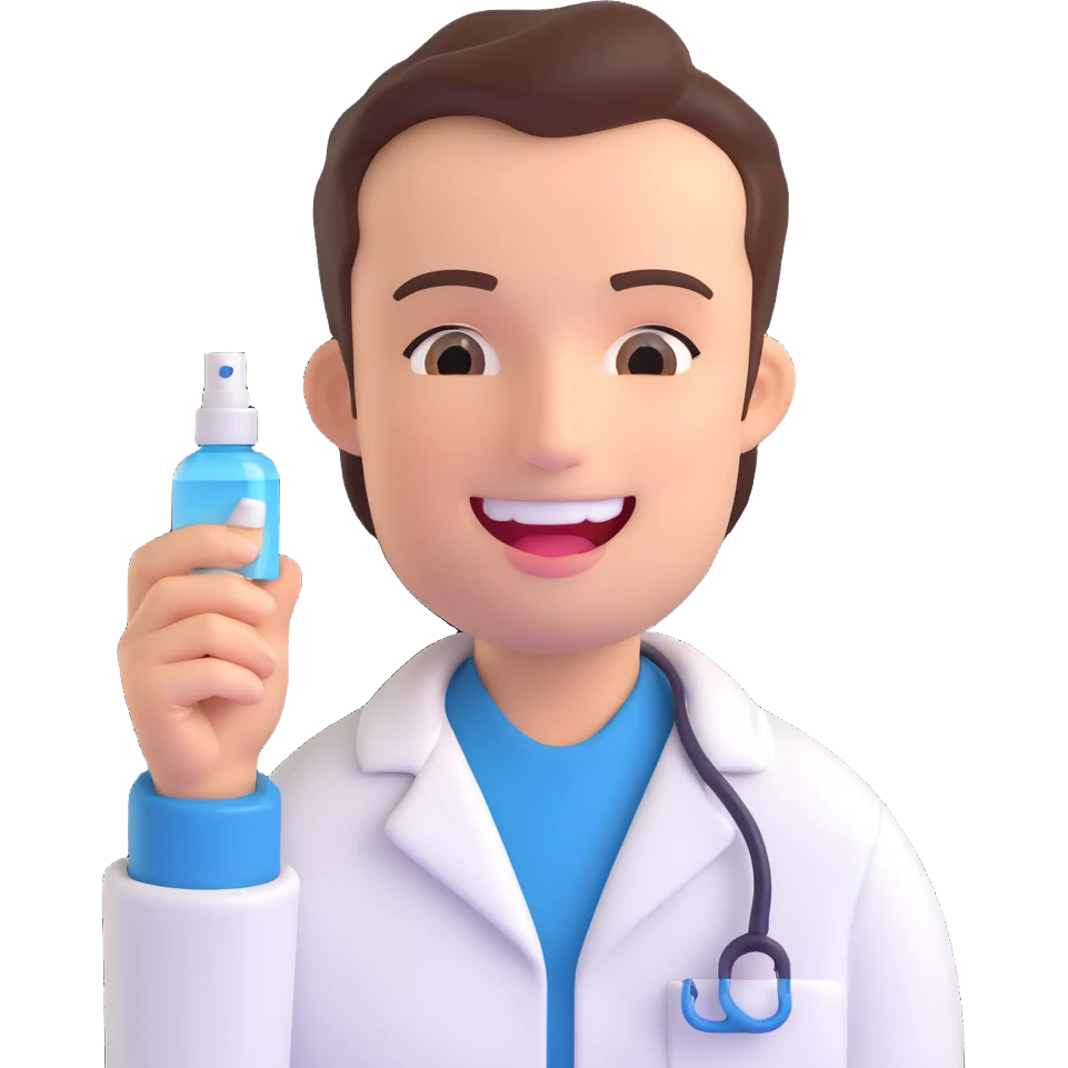 a dentist holding a mouth spray, clean and friendly, in a dental clinic setting emoji
