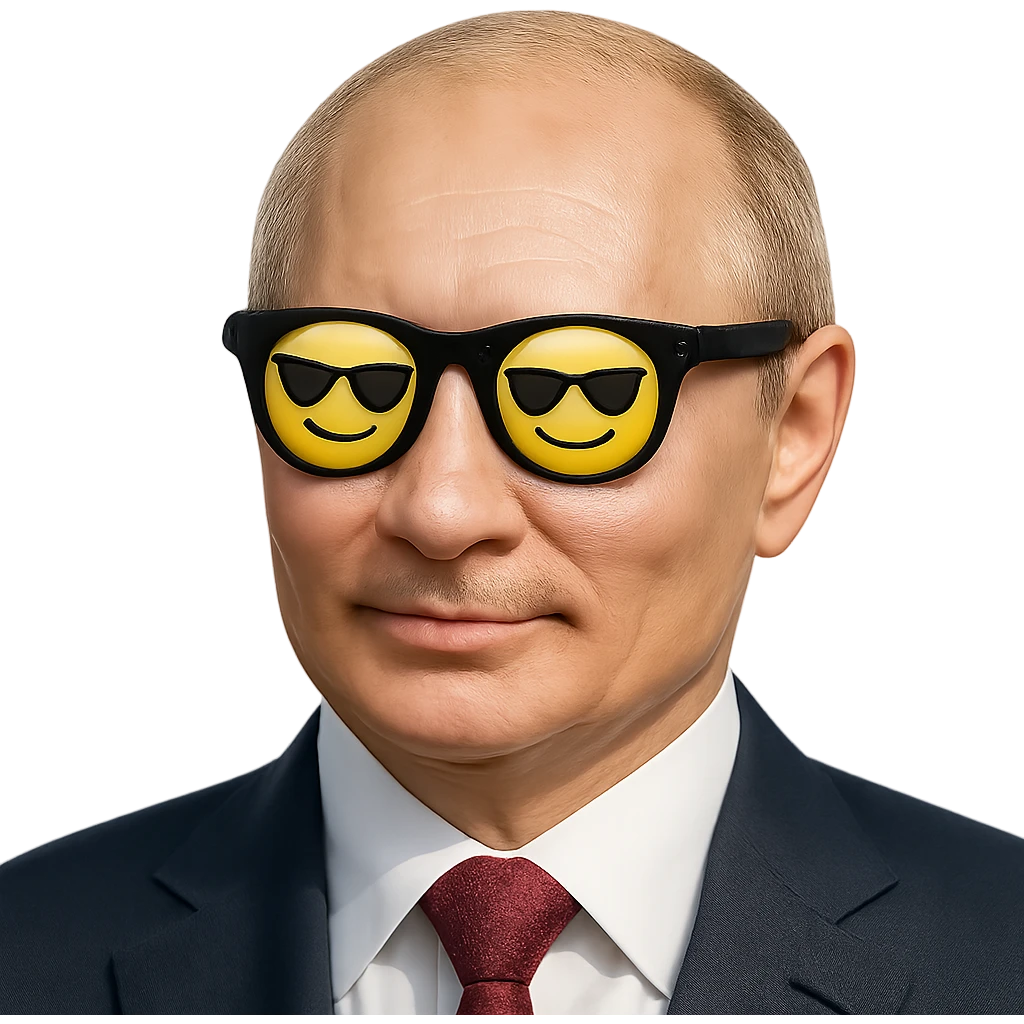 photorealistic portrait of Putin wearing cool sunglasses, emoji style, confident expression emoji