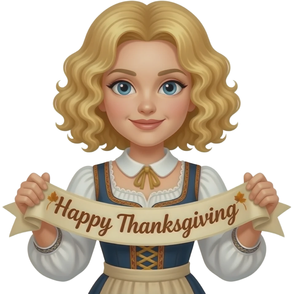 blonde tight curly hair in a short bob Happy Thanksgiving banner in a pilgram woman dress emoji