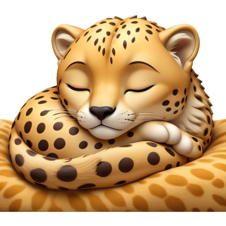Meme-Worthy Cute Sleeping Cheetah Portrait Emoji, Head resting peacefully with a contented smile, showcasing a lean, muscular build and a luxuriously soft golden spotted Fur, eyes shut in a serene, restful nap, Simplified yet hilariously adorable features, highly detailed, glowing with a soft, drowsy light, high shine, relaxed and utterly lovable, stylized with an air of playful laziness, bright and heartwarming, soft glowing outline, capturing the essence of a comically sleepy cheetah, so meme-worthy it feels like it could instantly become the next viral sensation of adorable slumber! emoji