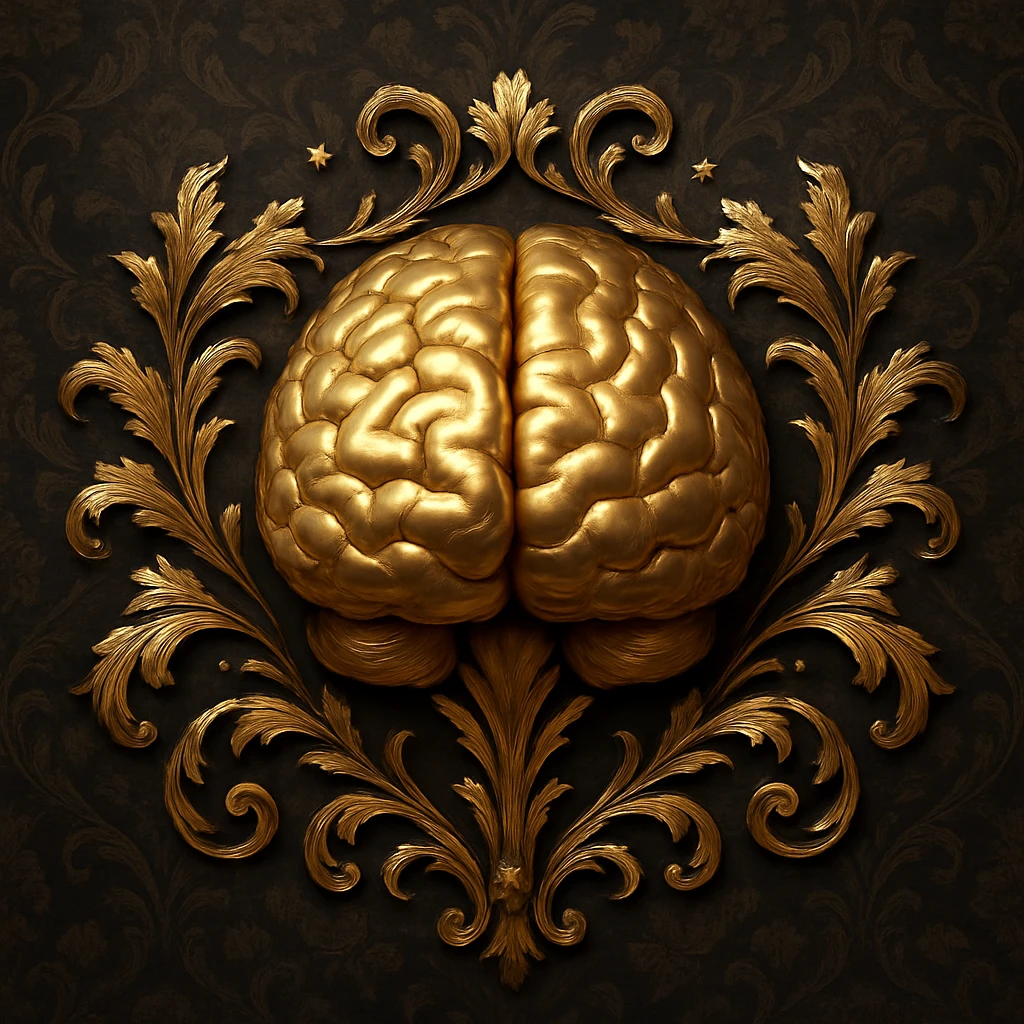 Create an ultrarealistic emoji featuring a 3D metallic gold brain as the main symbol, representing common sense. Surround the brain with ornate gothic florals, all in old gold. The background should be a high-definition, dark Victorian silk pattern. The overall look must be classic, arcane, and mysterious, with high detail and elegance, inspired by the reference image. emoji