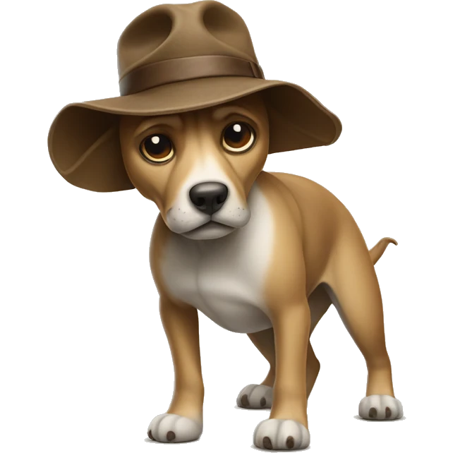 A slouched dog bows in a hat like on Indiana Jones emoji