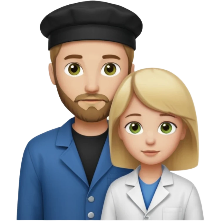 a blonde bearded guy wearing black cap, tall, fair skinned, brown eyes,  looking into the girls eyes who is short than him having green eyes and brown hair, who is in love with the guy, girl is wearing a lab coat, guy is wearing a brown jacket and blue jeans emoji