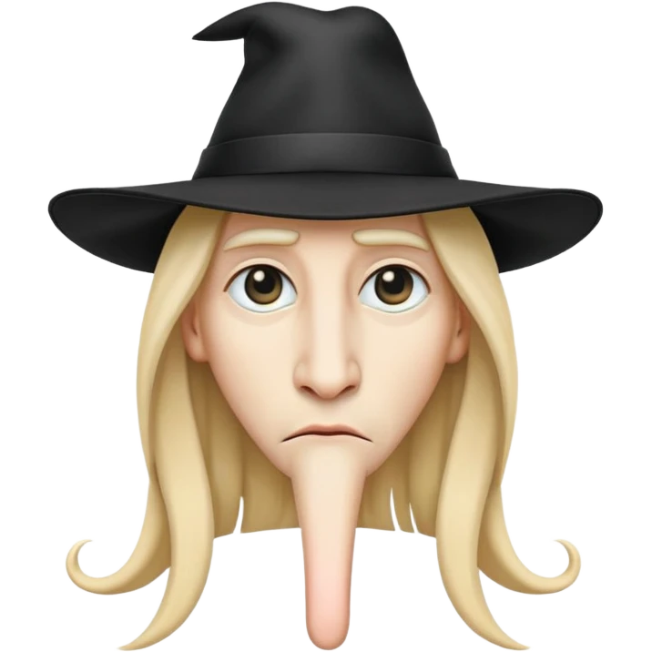 emoji character with very long nose, long hair, black hat, serious look emoji