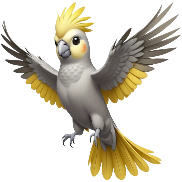 cinematic-[cockatiel]-realistic-full-body-perched-emoji,-wings-out-flying,-head-tilted-dramatically,-sleek-[yellow and grey]-feathers,-simplified-yet-realistic-focused-features,-highly-detailed,-glowing-with-an-almost-sarcastic-glow emoji