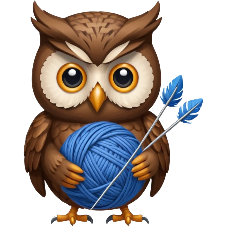Owl holding blue yarn ball and knitting needles emoji