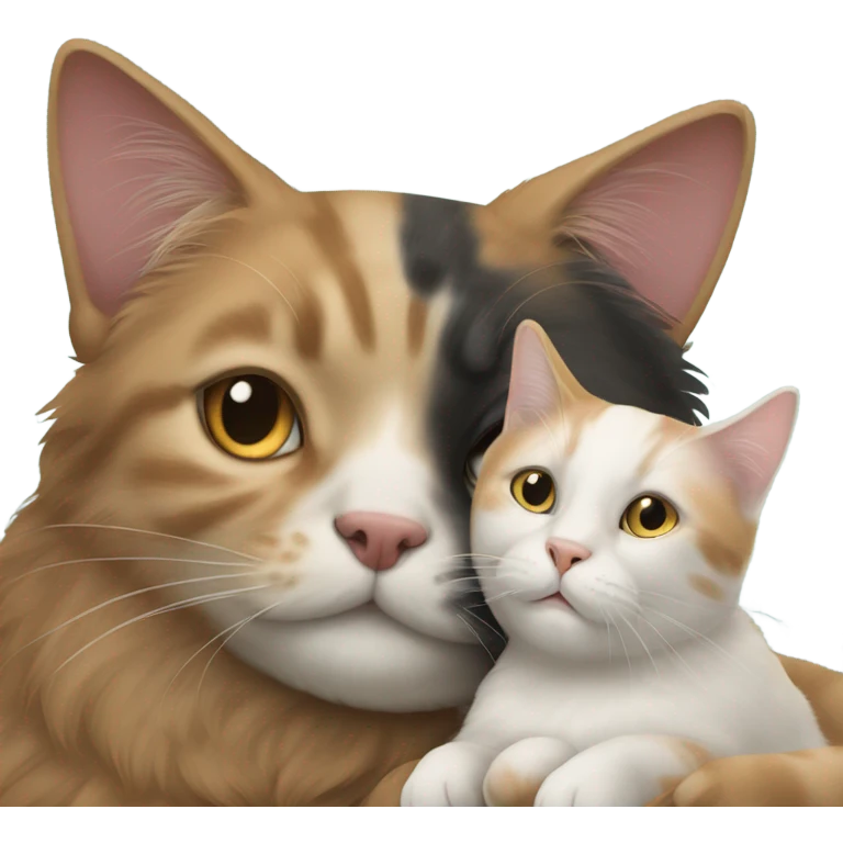 Two cats cuddling with a dog emoji