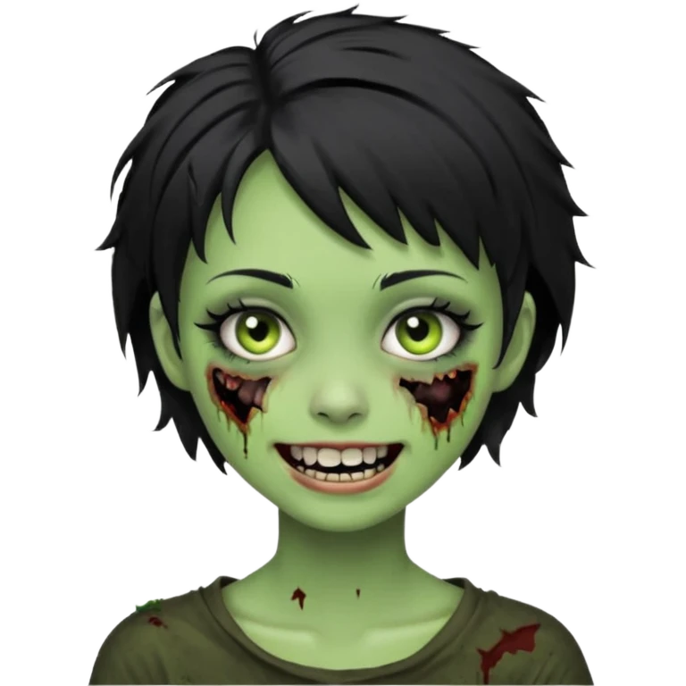 Green zombie girl with messy black short hair with lashes and torn cheek and smiling face emoji