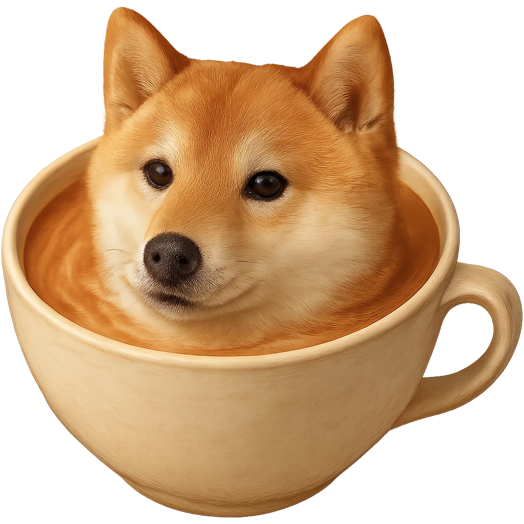 Make the dog in the latte art a Shiba Inu with realistic texture, gentle lighting, and pastel colors. Keep the style realistic and maintain no background as requested. emoji