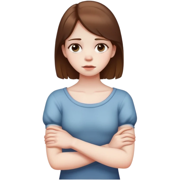 Arms crossed holding neck dead eyes young out dying girl with brown hair emoji