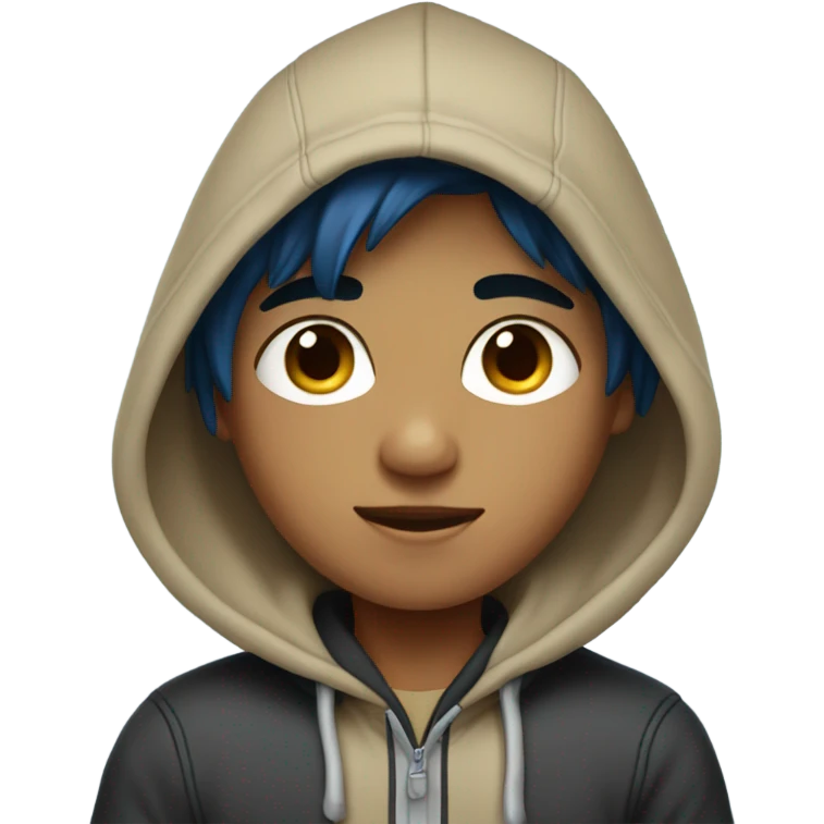 Tan boy with hoodie and black hair and blue highlights  emoji