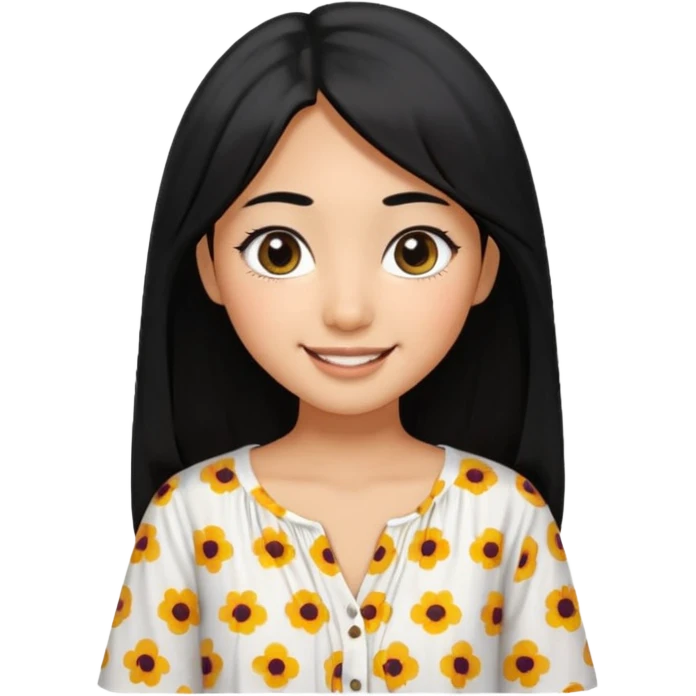 20 yr old asian woman hair white blouse with black dots center part big eyes big smile tanned skin straight black hair hippie part hair  emoji