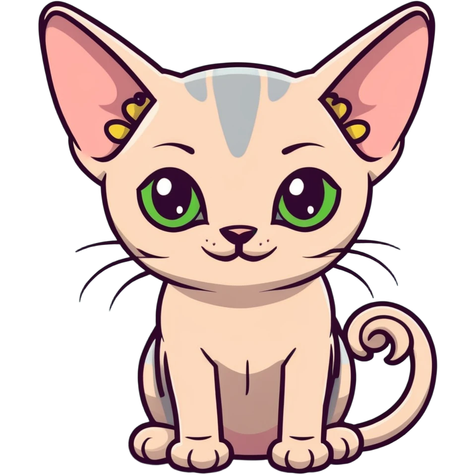 gray hairless Sphynx cat with green eyes, smiling emoji